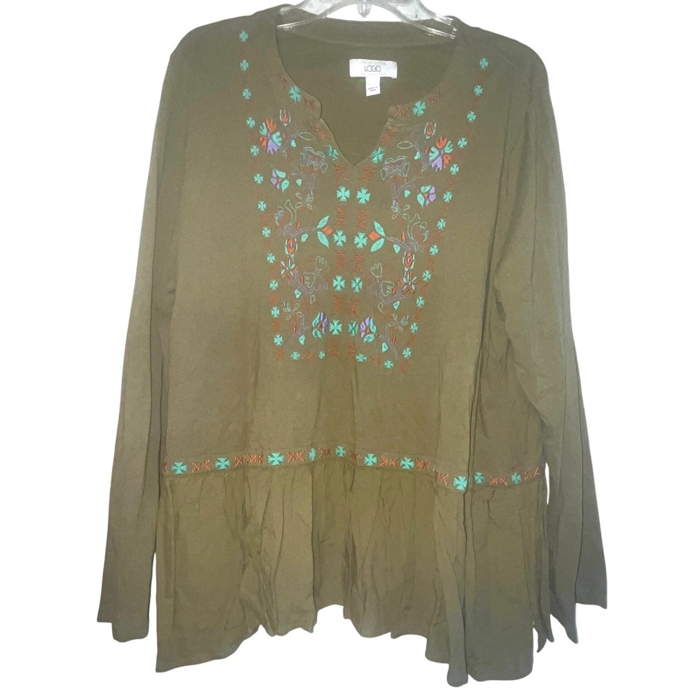 LOGO Womens XL Olive Green Embroidered Boho Peplum Tunic Top Long Sleeve - Picture 2 of 10